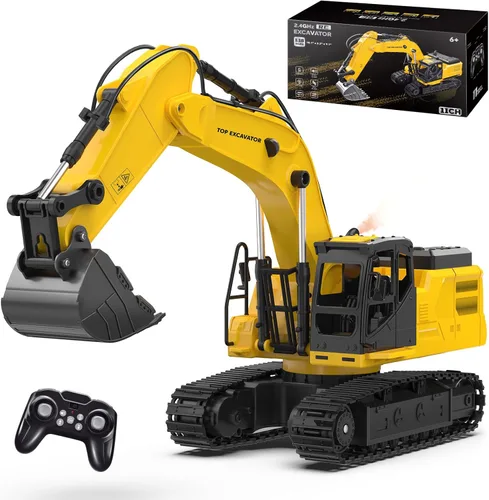 Juguete de excavadora RC de metal 1:18 para niños | Vehículo de construcción de control remoto de 11 canales con rociador de agua, luces y sonidos,