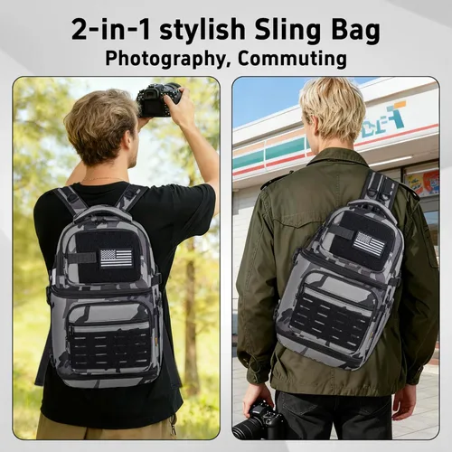 Miniatura 8 de Bolsa bandolera para cámara, bolsa para cámara DSLR/SLR/sin espejo con soporte para trípode y divisores extraíbles, pequeña bandolera táctica, gris