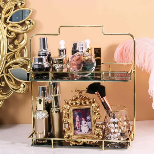 Miniatura 7 de Organizador de maquillaje, organizador de baño de 2 niveles, estante de almacenamiento de cosméticos para tocador y encimera, cesta organizadora