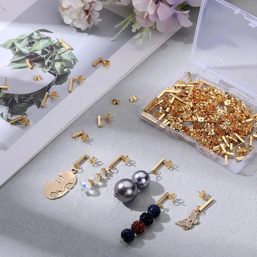 Miniatura 7 de Hinly 80 aretes de acero inoxidable con bucle, 80 piezas de barra de tuerca de oreja, poste perforado para hacer joyas de bricolaje, 2 tamaños Dorado