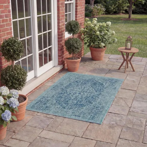 Miniatura 24 de SAFAVIEH Alfombra lavable para exteriores, colección Courtyard de 2.3 x 6.7 pies, color verde azulado y crema, no desprende pelusa y es fácil