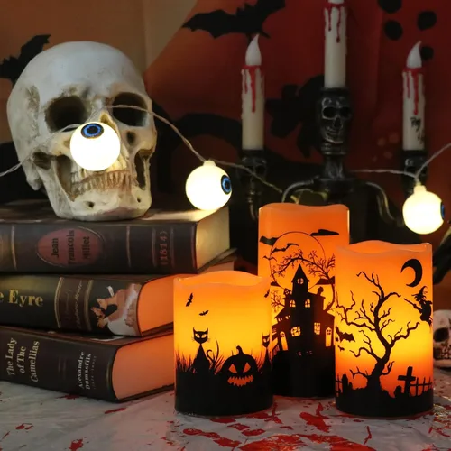 Miniatura 3 de Wondise Velas parpadeantes sin llama de Halloween con temporizador de 6 horas, velas LED de cera real que funcionan con pilas, juego de 3 regalos