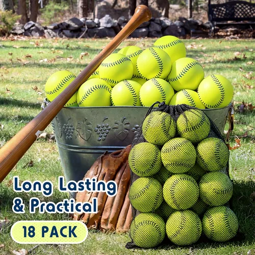 Miniatura 7 de Lewtemi Paquete de 18 pelotas de sóftbol amarillas para práctica deportiva de tamaño y peso oficial de sóftbol de lanzamiento lento con 1 bolsa