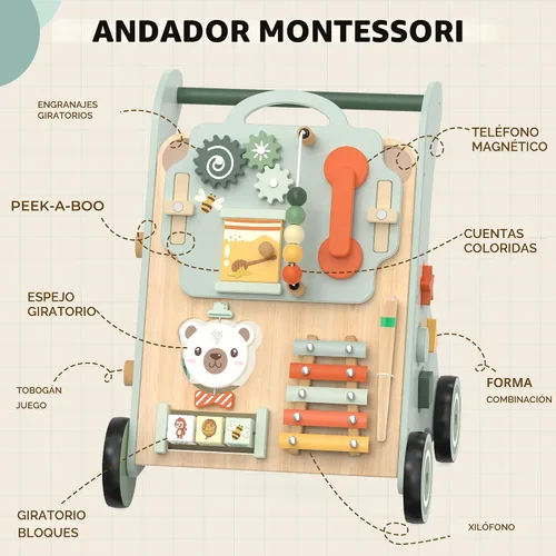 Miniatura 4 de WOODMAM Andador de madera para bebé, Andador de bebé ajustable para empujar para niños de 1 año, Andador Montessori 10 en 1 para niños y niñas