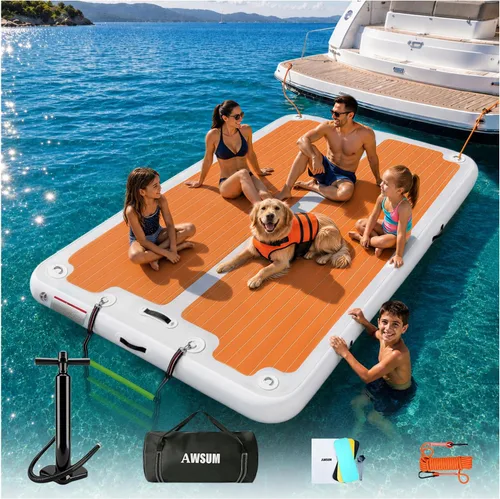 Miniatura 9 de AWSUM Plataforma de muelle inflable, superficie antideslizante de EVA de 8 a 15 pies, isla flotante resistente para lago, piscina, playa y océano