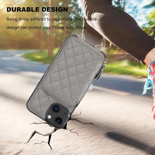 Miniatura 8 de Bocasal Funda tipo cartera con bandolera para iPhone 13, de cuero PU con bloqueo RFID, con cierre de cremallera, cartera tipo bolso con función Gris