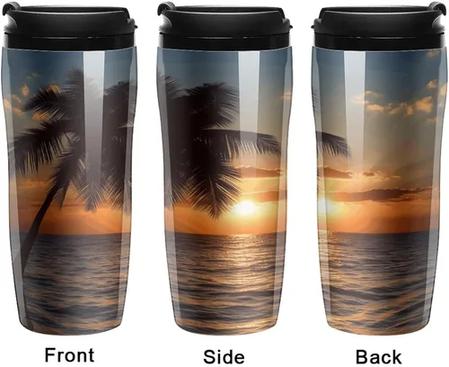 Miniatura 4 de Sunset Palm Tree Ocean Coffee Cup Hot Coffee Travel Mug Reusable Iced Coffee Cups Double Heat Insulation Coffee Mug with Leak-Proof Lid Stylish