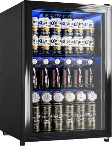 Manastin - Refrigerador para bebidas enfriador independiente mini refrigerador con puerta de vidrio, estantes ajustables y pantalla digital de Negro