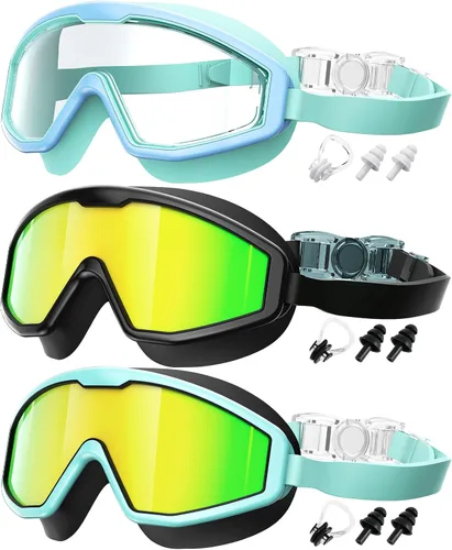 Gafas de natación para niños, gafas de natación para niños, 3 unidades de gafas de natación de agua para niños y niñas, antivaho UV400 Oro negro y