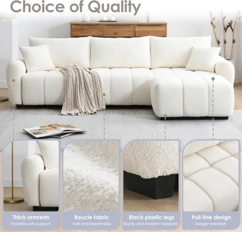 Miniatura 5 de Merax Moderno juego de sofá Boucle en forma de L con una otomana móvil y almohadas, sofá modular de 4 asientos con asiento extragrande para sala