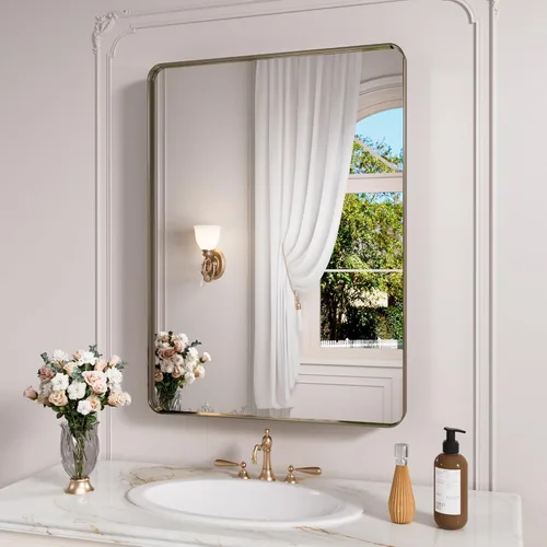 Miniatura 19 de JISOSO - Espejo de baño de 24x36 pulgadas con marco de metal cepillado color níquel, espejo con marco de metal cepillado plateado para pared, espejo