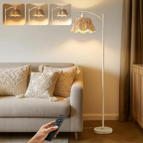 Miniatura 22 de Oneach Lámpara de pie arqueada para sala de estar, lámpara de pie de ratán boho con pantalla tejida a mano, interruptor a pedal, base y poste de Oro