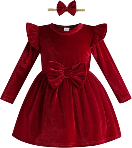 Kucnuzki Vestido de terciopelo para niña pequeña, vestido de terciopelo sólido para niña, vestido de princesa casual para fiesta de otoño