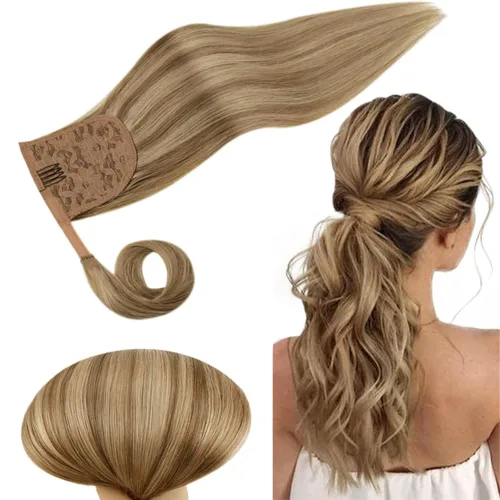 RUNATURE - Extensión de cola de caballo de cabello humano con pinzas y cinta mágica, extensión de cabello corto, lacio y grueso, color rubio oscuro