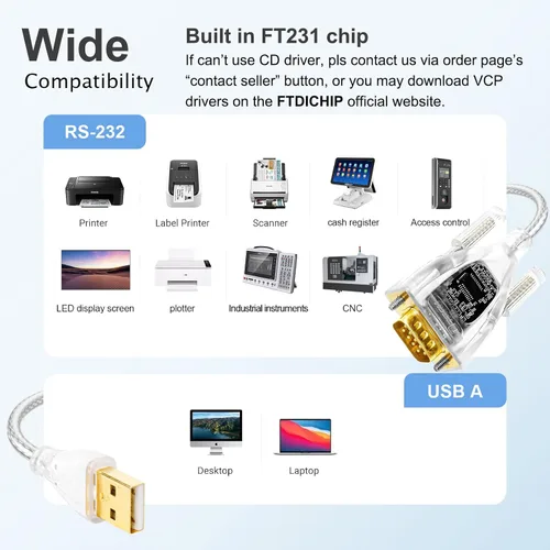 Miniatura 7 de DTECH Adaptador USB a serie con chip FTDI de 9 pines RS232 a cable USB DB9 RS-232 Data LED Light Detect FT231 chipset compatible con Windows 11 10 8