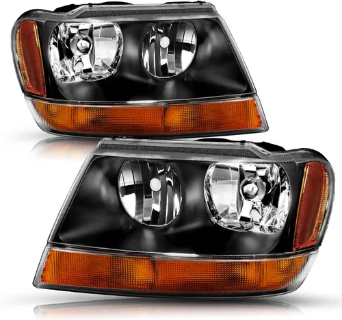 Miniatura 8 de SOCKIR Conjunto de faros delanteros compatible con Jeep Grand Cherokee 1999-2004 halógeno (carcasa negra, parte inferior ámbar, con bombillas)