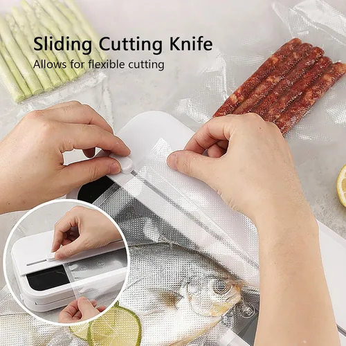 Miniatura 5 de Máquina selladora al vacío portátil, sellador automático de alimentos con cortador integrado, modos seco/húmedo, sellador al vacío compacto