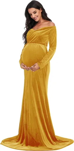 Miniatura 3 de ZIUMUDY Vestido de maternidad de terciopelo con hombros descubiertos, vestido de fotografía de manga larga para sesión de fotos, vestido de baby