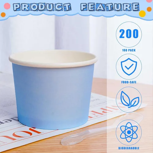 Miniatura 4 de Cunhill 100 tazas de helado de 8 onzas con 100 cucharas, recipientes de helado de color sólido, tazas de helado desechables, tazones de yogur, Azul