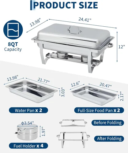 Miniatura 5 de GarveeHome Platos de roce para buffet, paquete de 2 unidades, de acero inoxidable de 8 cuartos de galón y calentadores de buffet con tapa, Plateado