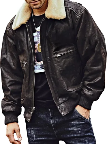 Miniatura 7 de FLAVOR Chaqueta bomber de cuero real para hombre con cuello de piel extraíble Aviator