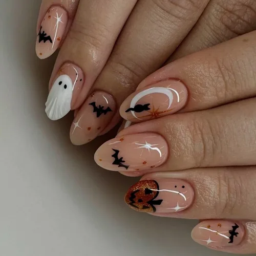 Miniatura 13 de Uñas postizas a presión de Halloween, uñas postizas cuadradas cortas con diseños de gato negro, acabado degradado brillante, cobertura completa