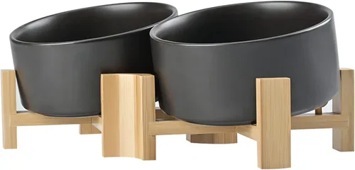 Miniatura 21 de SPUNKYJUNKY Cuenco de cerámica inclinado de 15° para perros y gatos con soporte de madera, cuenco inclinado para comida y agua para bulldog Blanco
