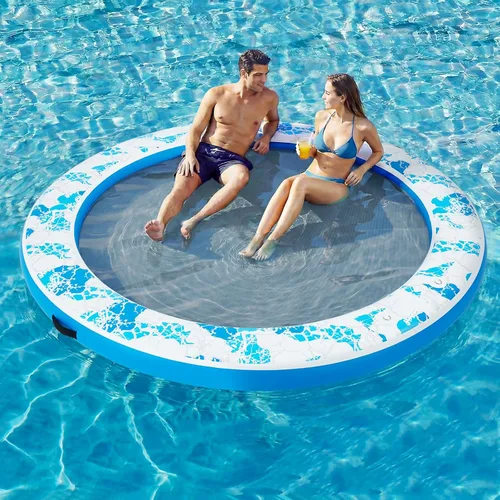 Miniatura 33 de 6-12FT Round Inflatable Floating Dock, Sunchill Float Ring, Water Hammock Tanning Pool Floats with Woven Fabric, Manual Pump for Quick Azul