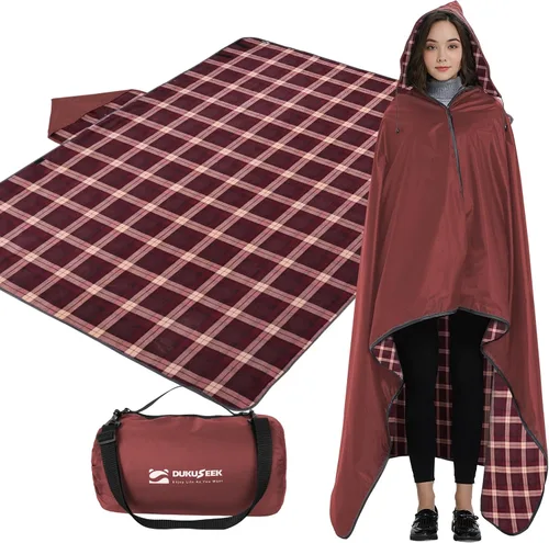 Miniatura 27 de DUKUSEEK - Manta de camping portátil para exteriores con capucha, manta grande plegable para mochileros con capucha para estadios, edredón ligero