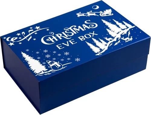 WRAPAHOLIC 1 caja de regalo de Navidad con tapa, 13.3 x 9 x 4 pulgadas, caja de Navidad azul y blanca, diseño de letras, cajas de regalo plegables