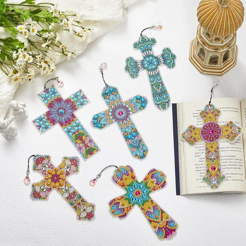 Miniatura 7 de Ireer 6 marcapáginas de arte de diamantes 5D cruzados para adultos, kit de pintura de bricolaje, regalos de Navidad, cristianos religiosos, llavero