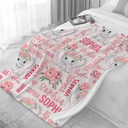 Miniatura 6 de Manta personalizada de elefante para bebés, manta de franela rosa personalizada con nombre para niñas y niños, mantas suaves para sofá y cama