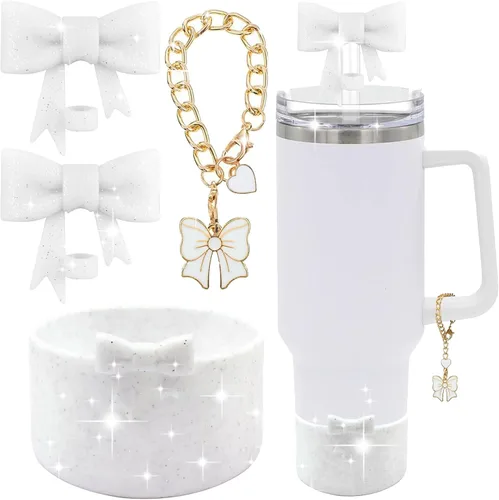 Miniatura 40 de Conjunto de accesorios para taza Hpebl para Stanley, incluye 2 tapas de pajita con moño lindo de 10 mm, tapones reutilizables para pajita, 1 funda