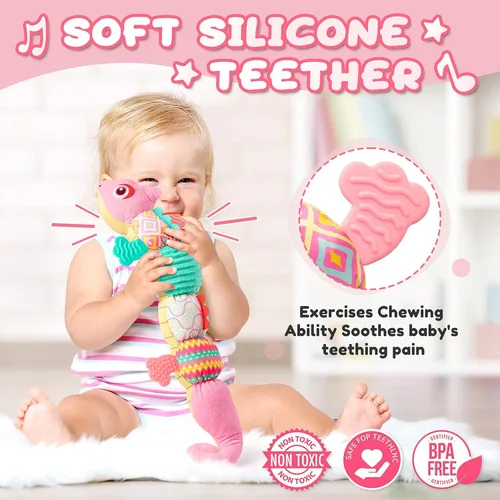 Miniatura 4 de AWOTOY Juguetes para bebés de 0-6-12 meses, juguetes de peluche musicales con actividad, suaves y multisensoriales con crujido, sonajeros