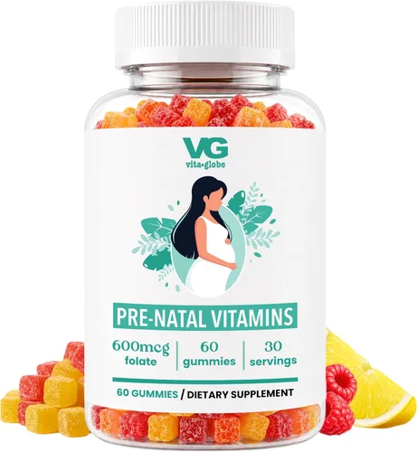 VITA Globe Vitaminas gomosas de aceite de pescado prenatal, 60 unidades, multivitamínico sin OMG para mujer con DHA, folato, vitamina D3, B12,