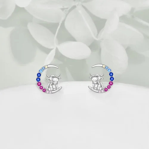 Miniatura 2 de YFN Aretes de tuerca de plata de ley con diseño de luna y animales lindos para mujeres y niñas