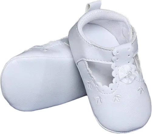 Miniatura 5 de Little Things Mean A Lot Baby Girls All White Faux Leather Zapato de cuna Mary Jane con acentos de perforación