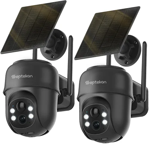Septekon 2K Cámaras de seguridad solar inalámbricas para exteriores 2 paquete, cámara para exteriores con batería de 360°PTZ, cámara WiFi de 2.4G
