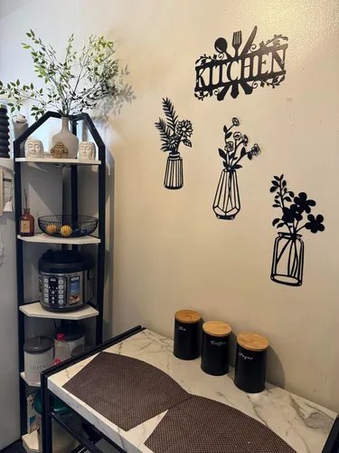 Miniatura 4 de Qzmaikoo 3 piezas de flores de metal negro para decoración de pared, jarrón, esculturas artísticas para colgar en interiores, cocina, baño, comedor