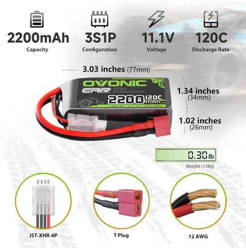Miniatura 2 de OVONIC 3S - Batería corta LiPo de 11.1 V 2200 mAh 120C con enchufe en T estilo Dean para coche RC camión, avión, helicóptero, barco, carreras, auto
