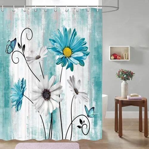 Miniatura 32 de JAWO Cortina de ducha con diseño floral de margaritas azules, cortina de ducha rústica de granja y mariposa en el campo, juego de cortinas de ducha