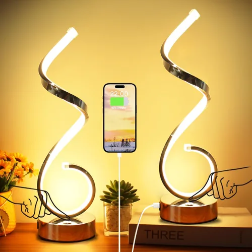 Miniatura 12 de Juego de 2 lámparas de mesa LED en espiral modernas, lámpara de mesa de control táctil de 10 W con puertos de carga USB, regulable, 3 modos de Negro