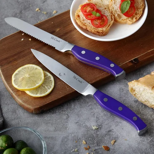 Miniatura 6 de McCook FDA Juego de cuchillos de cocina de acero inoxidable con bloque de madera y tijeras de cocina multiusos Púrpura/Negro