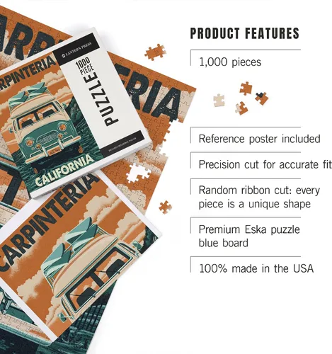 Miniatura 4 de Lantern Press Carpinteria, California, Letterpress, Camper Van 1000 Piece Jigsaw Puzzle for Adults, Made in USA with Reference Poster