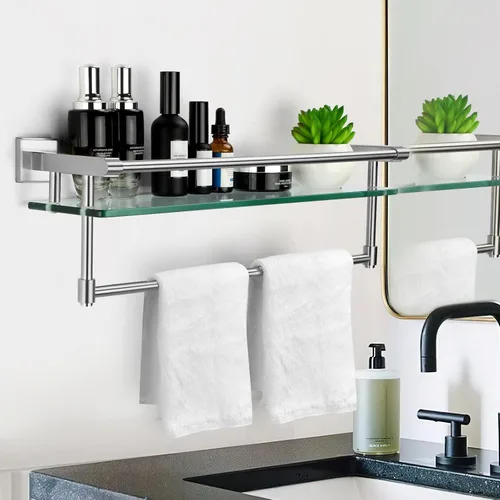 Miniatura 7 de Estante de baño de vidrio con barra para toallas, barra para toallas de acero inoxidable templado/estantes de baño de vidrio templado con riel