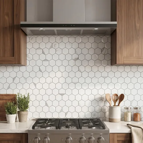 Miniatura 2 de 10 hojas de azulejos para despegar y pegar para salpicaduras de cocina, azulejo hexagonal de 31.5 x 29.3 cm, mármol blanco, mezcla de metal Mármol