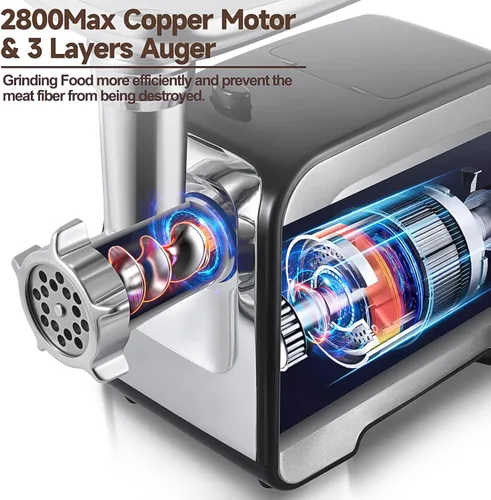 Miniatura 5 de ALTRA LIFE Picadora de carne eléctrica, relleno de salchichas máximo de 2800 W con 2 cuchillas, 3 platos, tubo de salchicha, rallador de queso