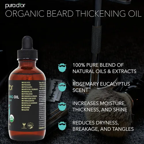 Miniatura 5 de PURA D'OR Aceite de barba espesante de 4 onzas – Mezcla hidratante con romero, biotina y aceite de ricino – Aumenta la humedad, el grosor