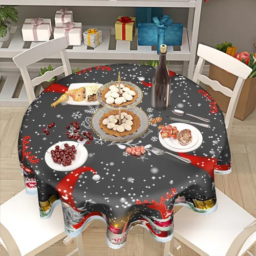 Miniatura 7 de Giwawa Mantel redondo de gnomo de invierno, mantel reutilizable de elfo de Navidad, 60 pulgadas, diseño de copo de nieve, alce, resistente al calor