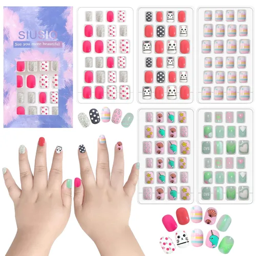 Miniatura 14 de 120 unidades de 5 uñas postizas acrílicas a presión para niños, lindo prepegamento de cubierta completa con purpurina, color degradado, arcoíris